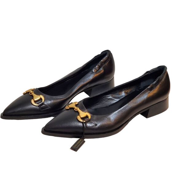 NEW MA&LO Black Leather Pointed Toe Gold Horsebit Flats Loafers 40/9.5 Italy - Picture 1 of 7